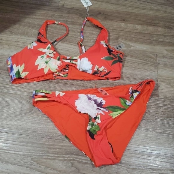 Tinibikini‎ orange floral lace up reversible bikini swimsuit size XL NEW!! - Picture 1 of 9